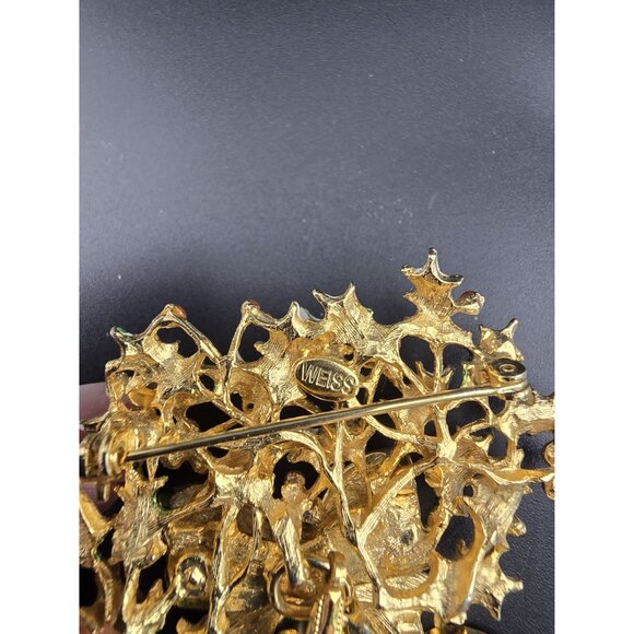 Vintage Weiss Holly Berries Bow and Dangling Bells Signed Christmas Brooch - Picture 4 of 5